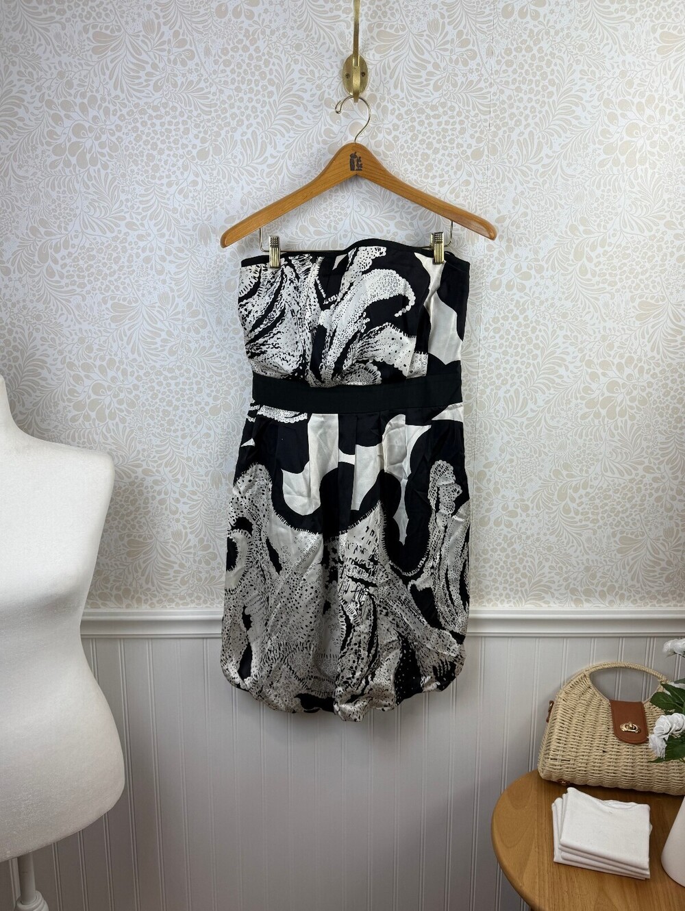 Reiss Strapless Structured Bodice Black and White Silk Bubble Dress - Size - 8